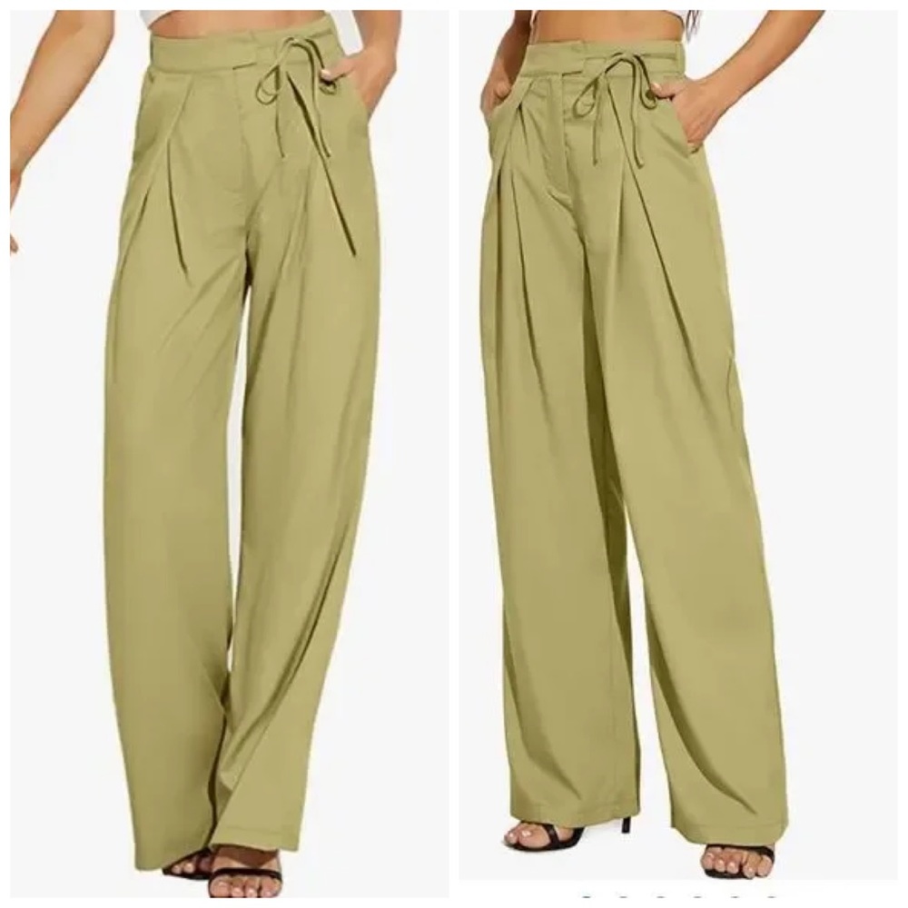 FUNYYZO Straight Wide Leg Long Trousers with Tie Belt Pleated Size 10-12